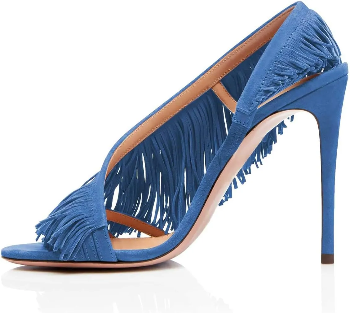 FSJ Women Sexy Fringe Stiletto High Heel Sandals Open Toe Slip On Cut Out Slingback Evening Party Dress Shoes Size 4-15 US