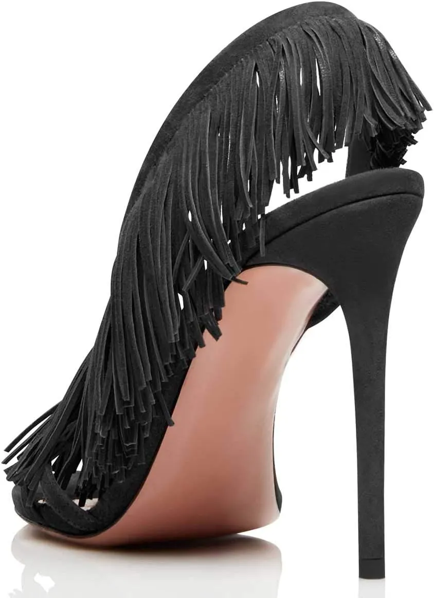 FSJ Women Sexy Fringe Stiletto High Heel Sandals Open Toe Slip On Cut Out Slingback Evening Party Dress Shoes Size 4-15 US