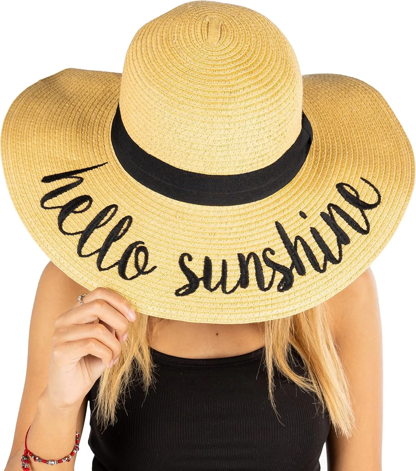Funky Junque Women's Stylish Beach Sun Hat with Hello Sunshine Embroidery - UPF 50  Protection