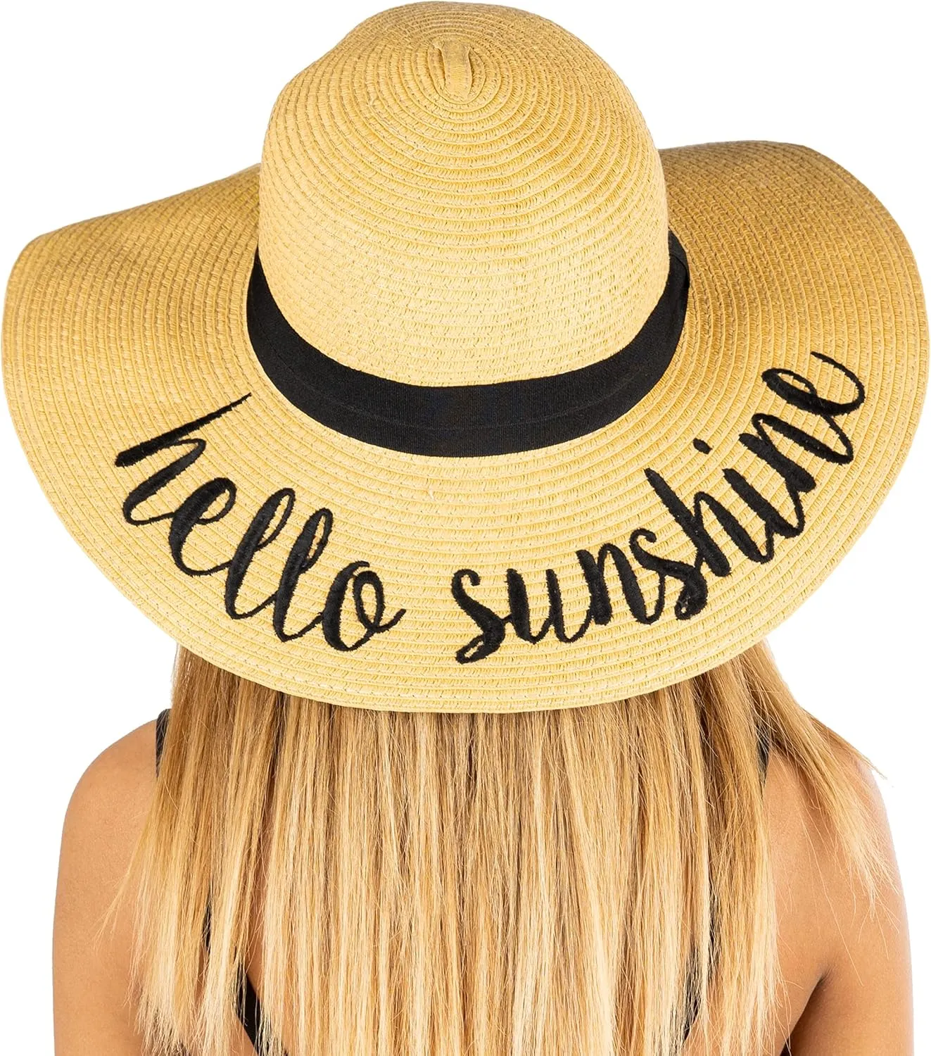 Funky Junque Women's Stylish Beach Sun Hat with Hello Sunshine Embroidery - UPF 50  Protection