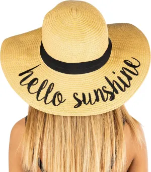 Funky Junque Women's Stylish Beach Sun Hat with Hello Sunshine Embroidery - UPF 50  Protection