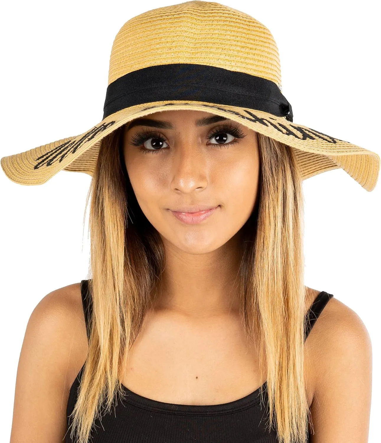 Funky Junque Women's Stylish Beach Sun Hat with Hello Sunshine Embroidery - UPF 50  Protection