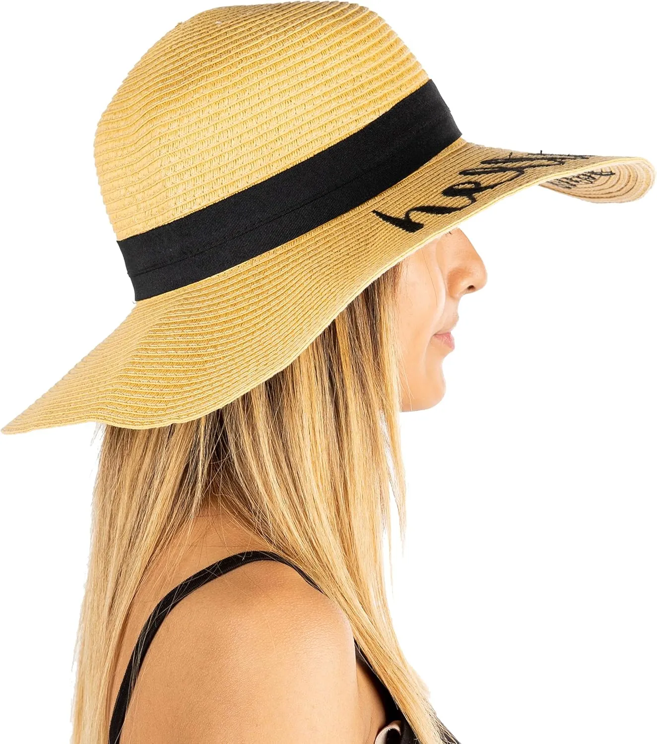 Funky Junque Women's Stylish Beach Sun Hat with Hello Sunshine Embroidery - UPF 50  Protection