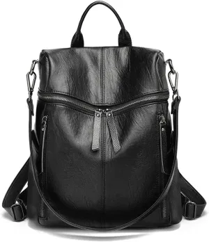 Genuine Cow Leather Backpack Shoulder Handbag Bag for Women, Top Handle & 2 Detachable Straps -Black
