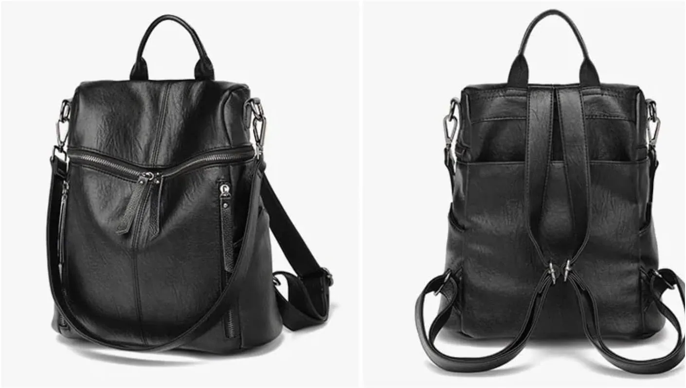 Genuine Cow Leather Backpack Shoulder Handbag Bag for Women, Top Handle & 2 Detachable Straps -Black