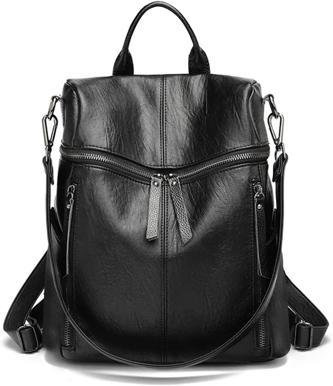Genuine Cow Leather Backpack Shoulder Handbag Bag for Women, Top Handle & 2 Detachable Straps -Black