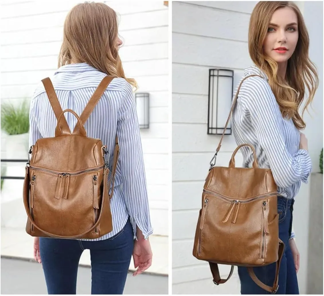 Genuine Cow Leather Backpack Shoulder Handbag Bag for Women, Top Handle & 2 Detachable Straps- Grey
