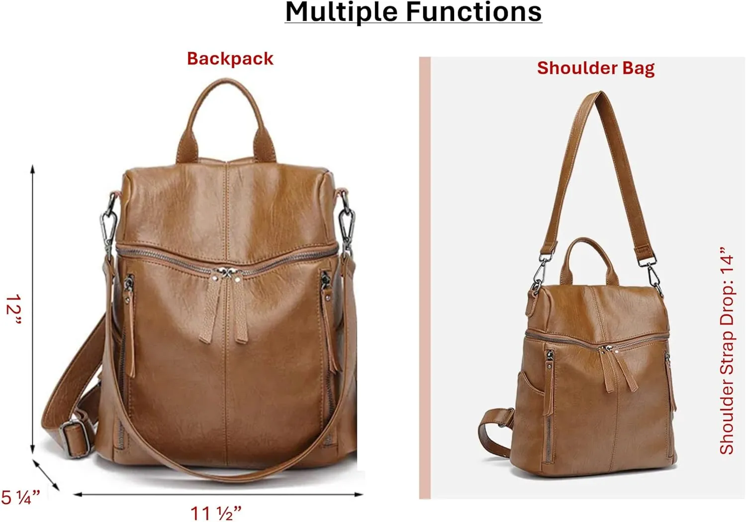 Genuine Cow Leather Backpack Shoulder Handbag Bag for Women, Top Handle & 2 Detachable Straps- Grey