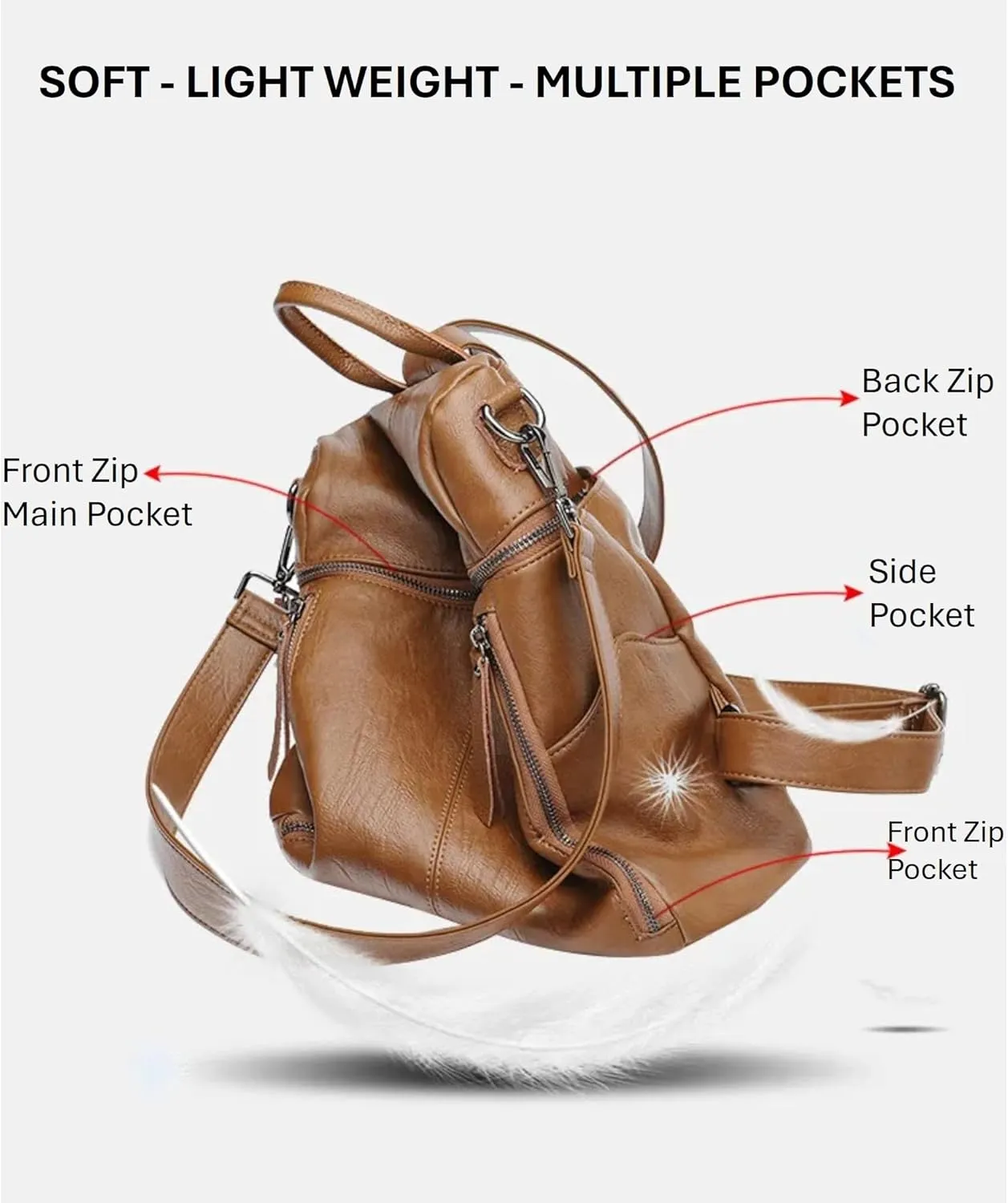 Genuine Cow Leather Backpack Shoulder Handbag Bag for Women, Top Handle & 2 Detachable Straps- Grey