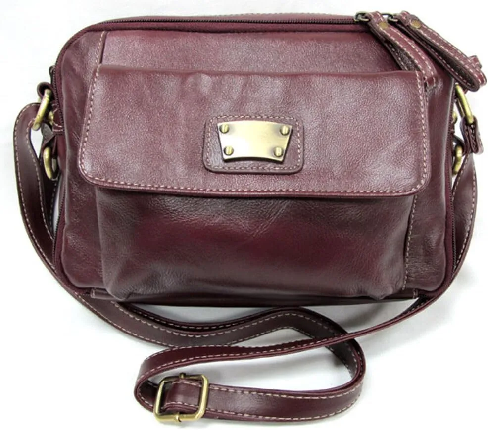Genuine Leather Classic Cross Body 2 Compartment  Multi Pocket Handbag with Organizer Burgundy