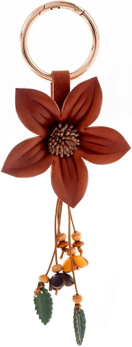 Genuine Leather Flower Tassel Keychain Car Keyring Fob Boho Accessorie for Women
