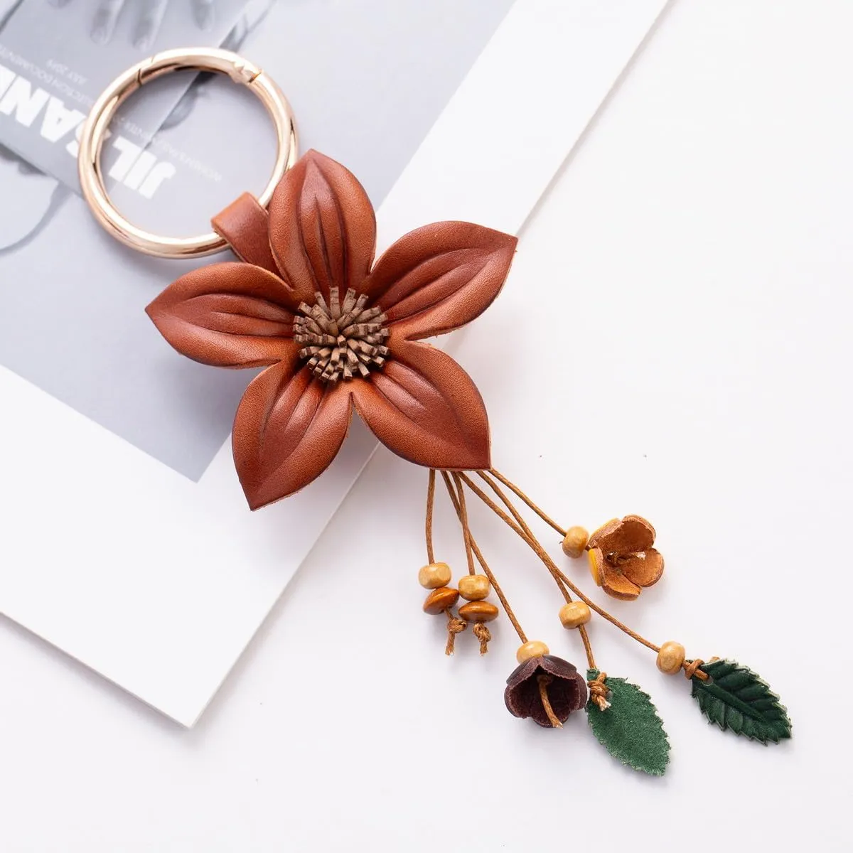Genuine Leather Flower Tassel Keychain Car Keyring Fob Boho Accessorie for Women