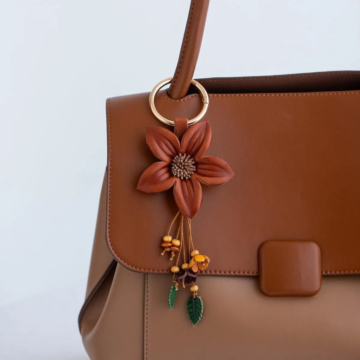 Genuine Leather Flower Tassel Keychain Car Keyring Fob Boho Accessorie for Women