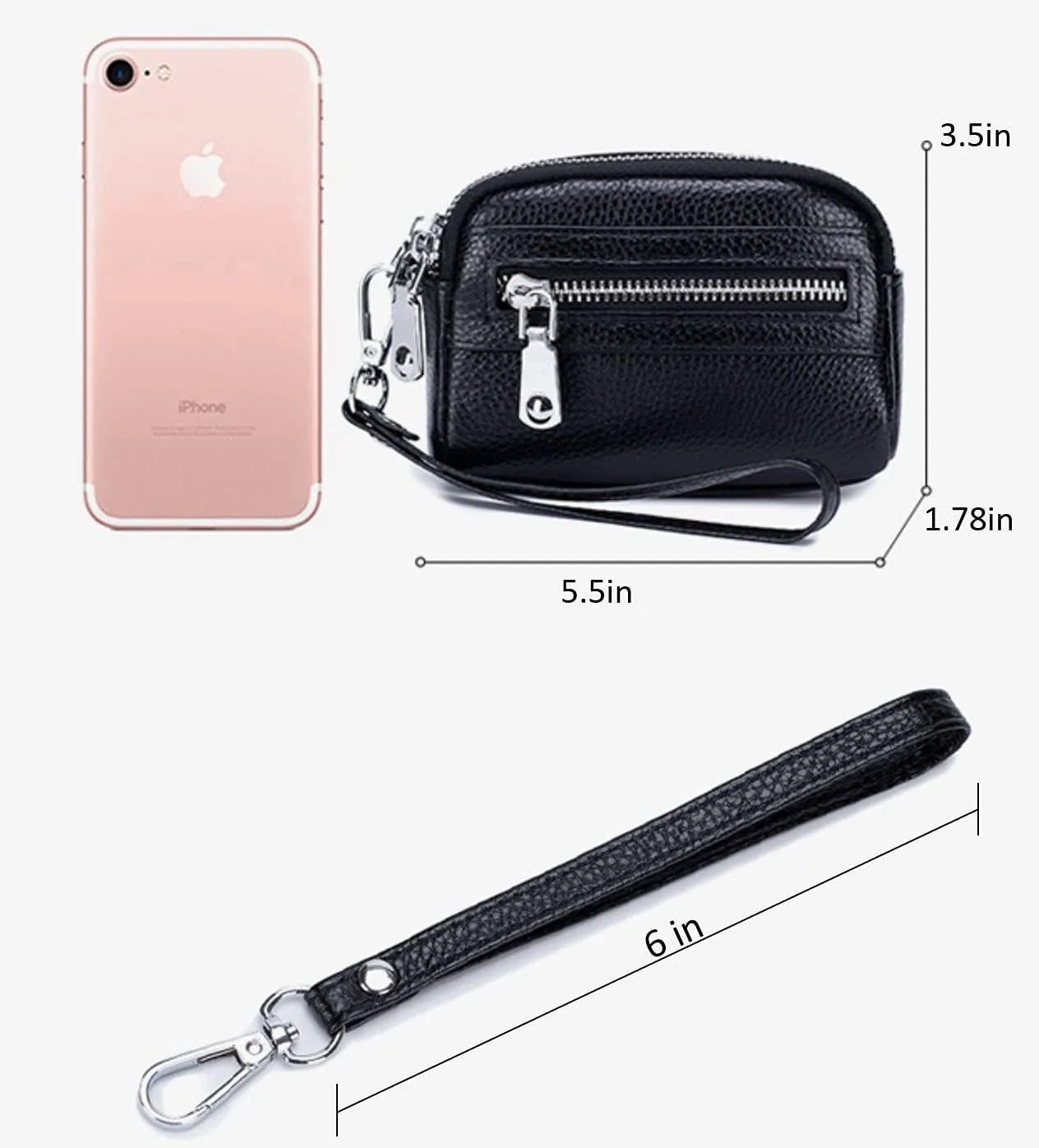 Genuine Leather Mini Wristlet Wallet for Women, 3 Zipped Coin Purse Small Pouch with Wristlet Strap (Black)