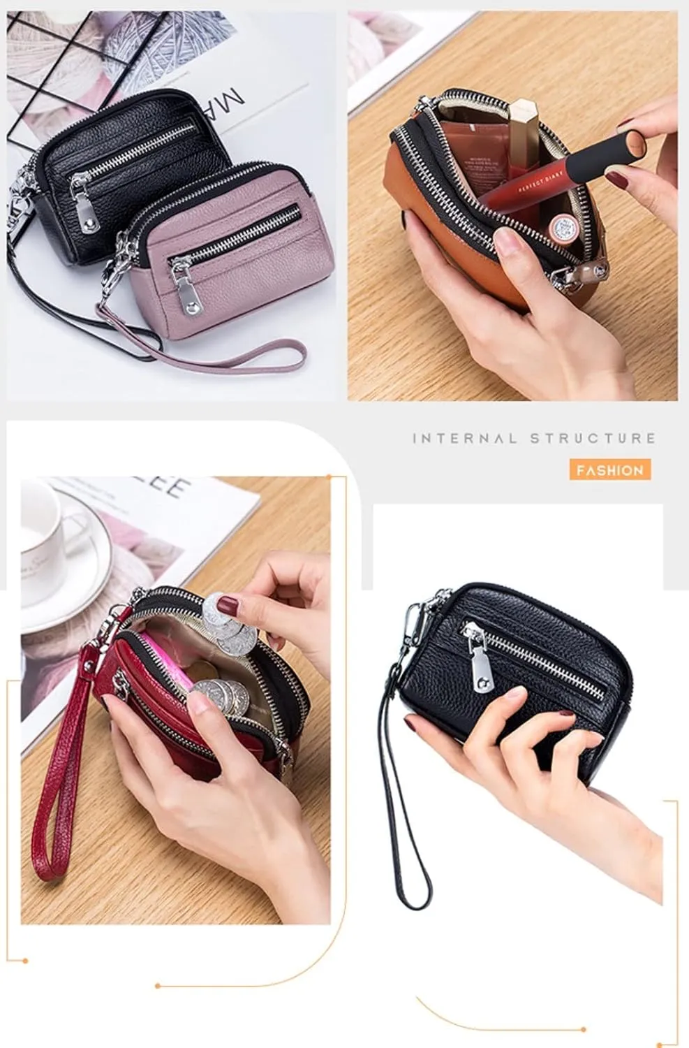 Genuine Leather Mini Wristlet Wallet for Women, 3 Zipped Coin Purse Small Pouch with Wristlet Strap (Black)