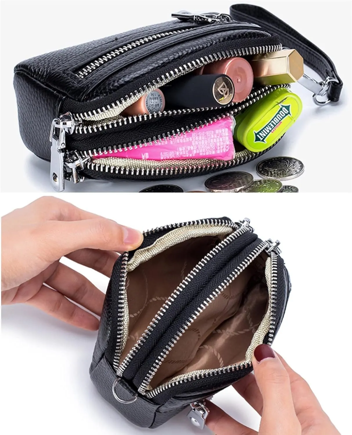 Genuine Leather Mini Wristlet Wallet for Women, 3 Zipped Coin Purse Small Pouch with Wristlet Strap (Black)
