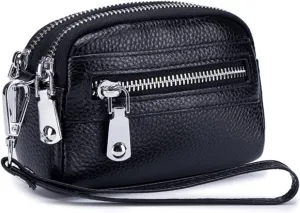 Genuine Leather Mini Wristlet Wallet for Women, 3 Zipped Coin Purse Small Pouch with Wristlet Strap (Black)