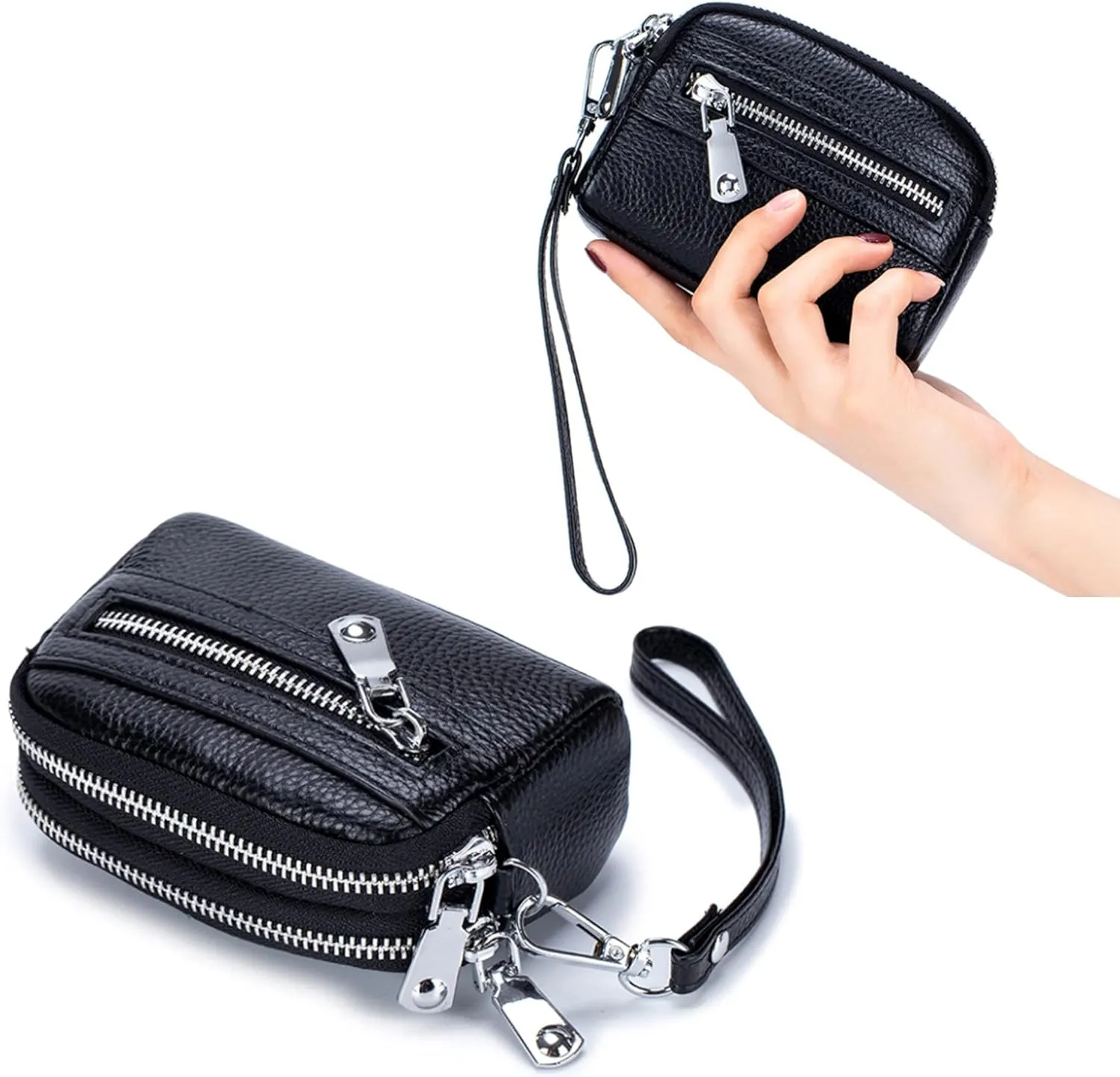 Genuine Leather Mini Wristlet Wallet for Women, 3 Zipped Coin Purse Small Pouch with Wristlet Strap (Black)