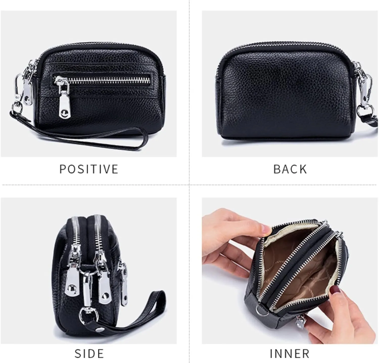 Genuine Leather Mini Wristlet Wallet for Women, 3 Zipped Coin Purse Small Pouch with Wristlet Strap (Black)