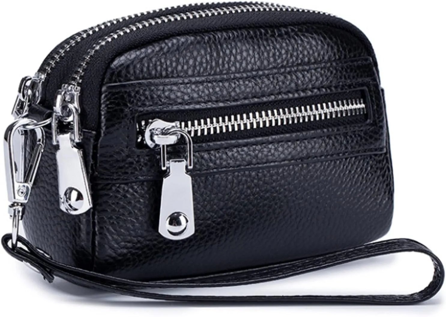 Genuine Leather Mini Wristlet Wallet for Women, 3 Zipped Coin Purse Small Pouch with Wristlet Strap (Black)