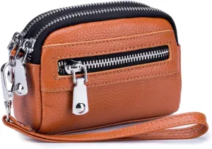 Genuine Leather Mini Wristlet Wallet for Women, 3 Zipped Coin Purse Small Pouch with Wristlet Strap (Cognac)
