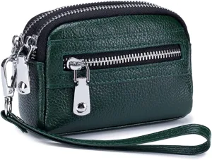 Genuine Leather Mini Wristlet Wallet for Women, 3 Zipped Coin Purse Small Pouch with Wristlet Strap (Green)