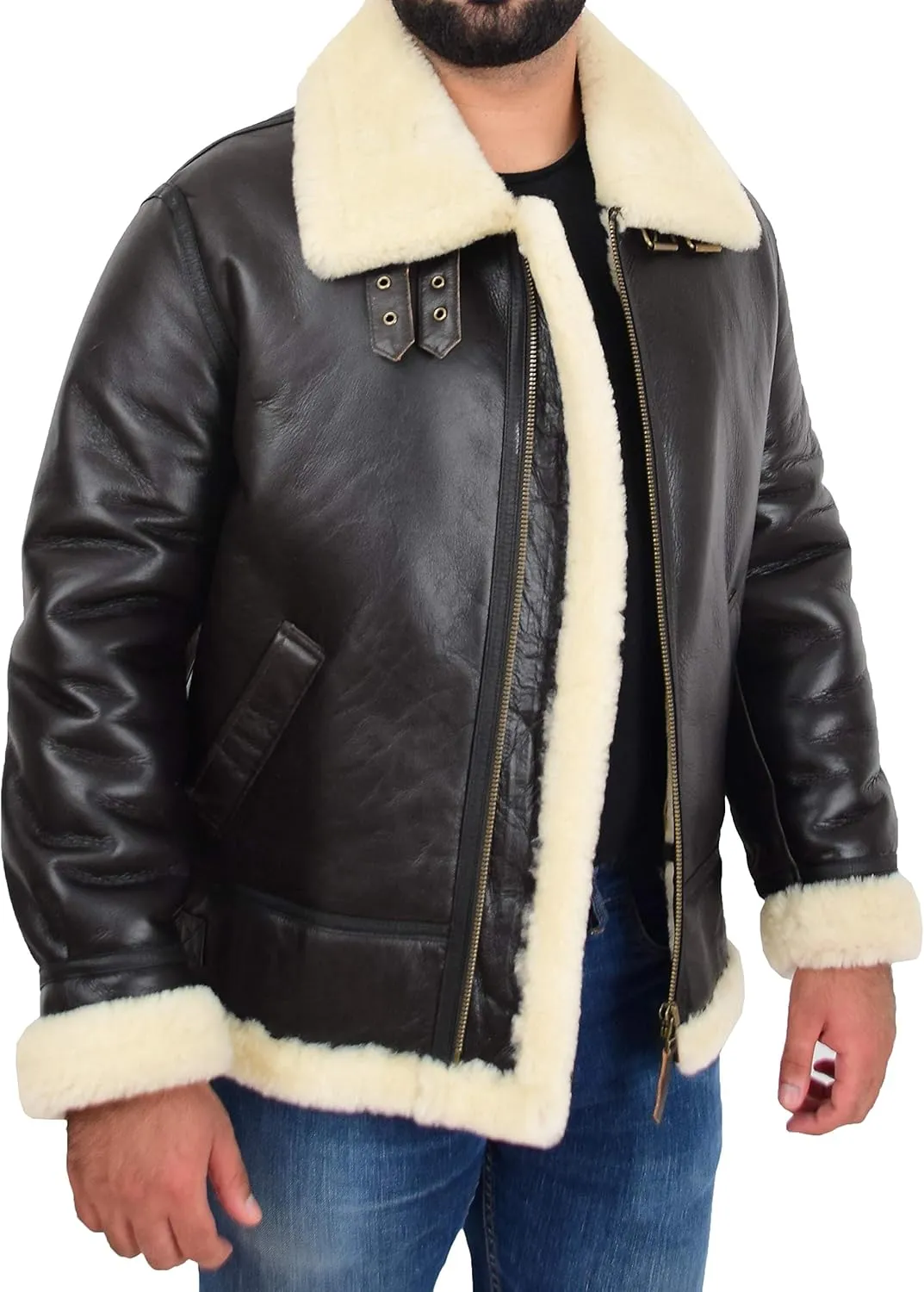 Genuine Sheepskin Flying Jacket For Men B3 Bomber Aviator Pilots Shearling Coat Thunder