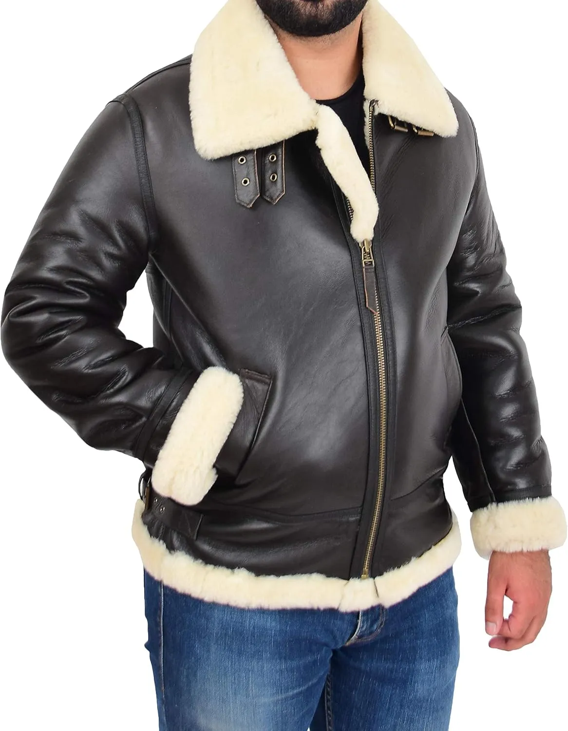 Genuine Sheepskin Flying Jacket For Men B3 Bomber Aviator Pilots Shearling Coat Thunder