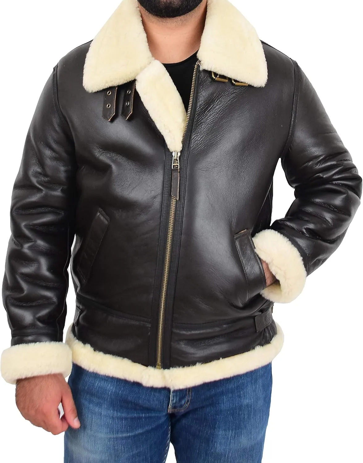 Genuine Sheepskin Flying Jacket For Men B3 Bomber Aviator Pilots Shearling Coat Thunder