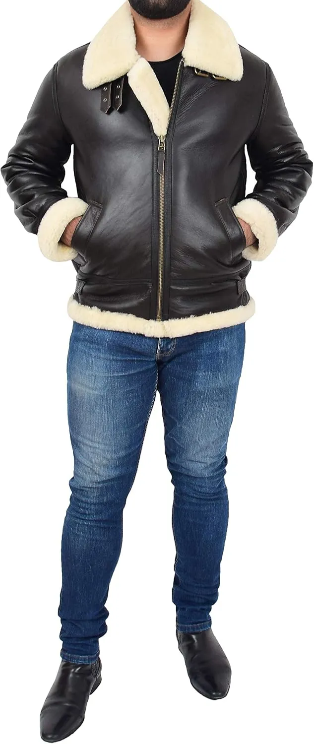 Genuine Sheepskin Flying Jacket For Men B3 Bomber Aviator Pilots Shearling Coat Thunder