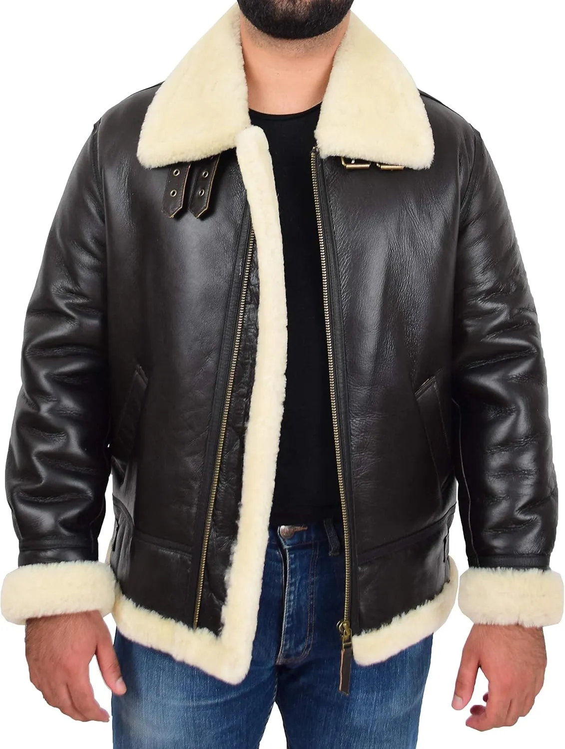 Genuine Sheepskin Flying Jacket For Men B3 Bomber Aviator Pilots Shearling Coat Thunder