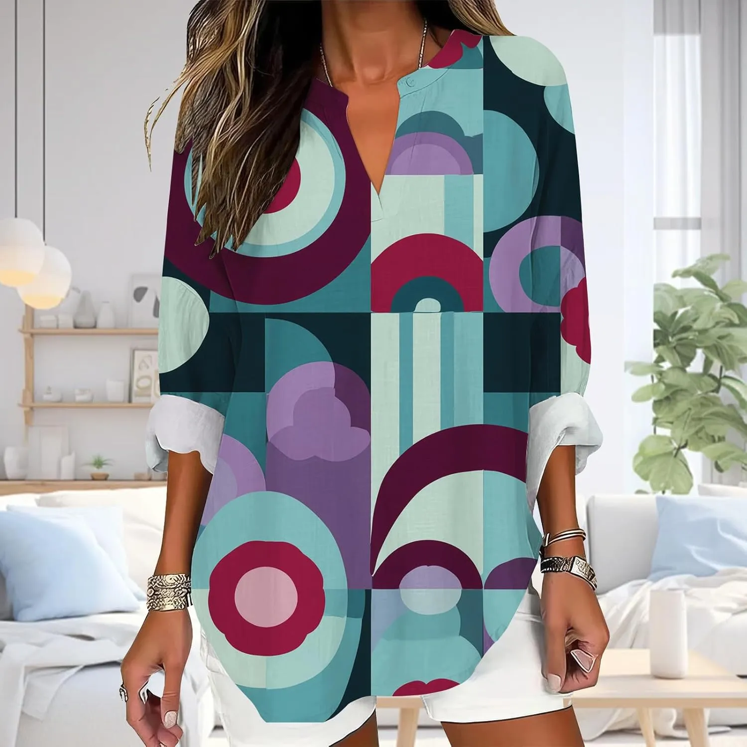 Geometric Graphic Shirt for Women Summer Casual Long Sleeve Tops V Neck Blouse Trendy Loose Fit Pullover Tees