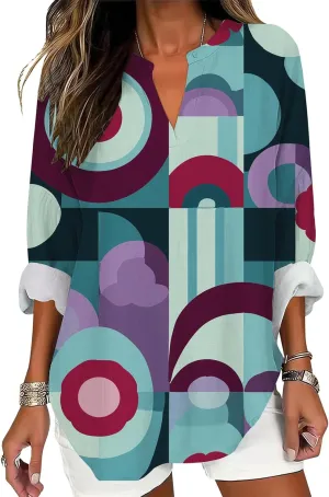 Geometric Graphic Shirt for Women Summer Casual Long Sleeve Tops V Neck Blouse Trendy Loose Fit Pullover Tees