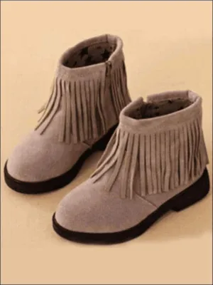 Girls Grey Bohemian Suede Fringe Ankle Boots By Liv and Mia