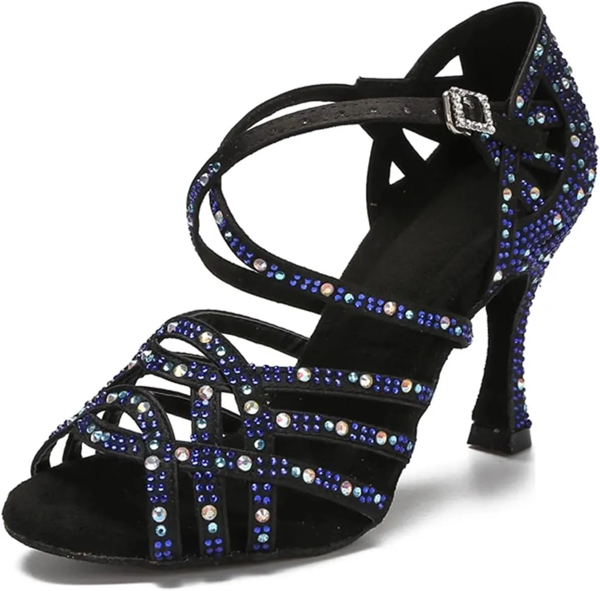 Girls Sapphire-Toned Wedding Sandals - Lace-Up Satin Heels with Crystal Buckles for Formal Dinners (7.5CM/2.95")