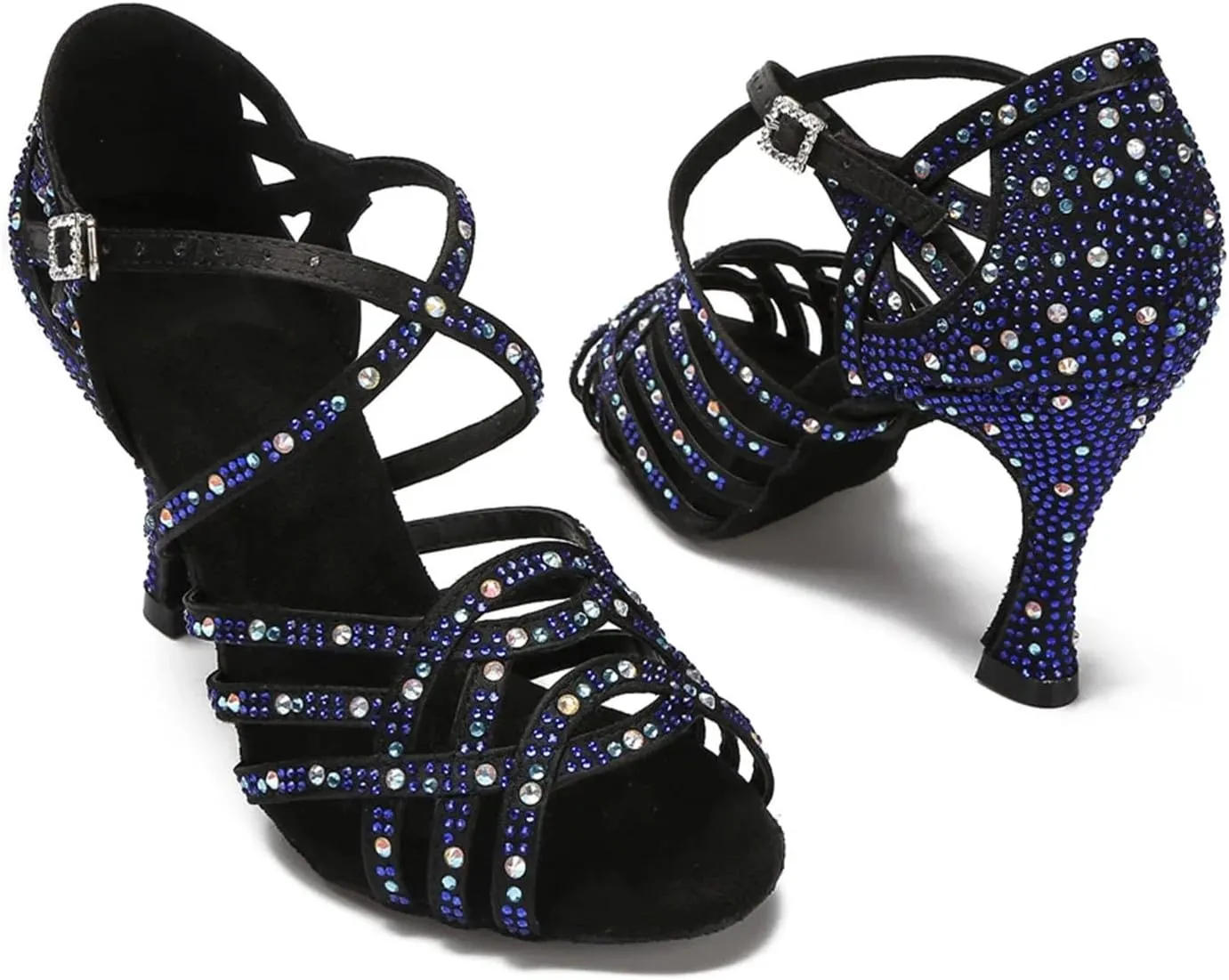 Girls Sapphire-Toned Wedding Sandals - Lace-Up Satin Heels with Crystal Buckles for Formal Dinners (7.5CM/2.95")
