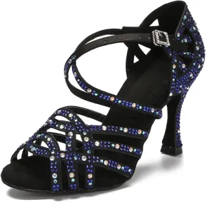 Girls Sapphire-Toned Wedding Sandals - Lace-Up Satin Heels with Crystal Buckles for Formal Dinners (7.5CM/2.95")