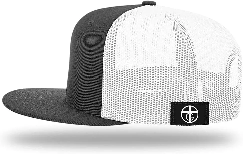 God is Greater Mountain Leather Flatbill Christian Trucker Hat - Fit Snapback Hat - Breathable Mesh Side for Casual Wear