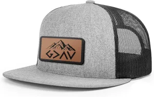 God is Greater Mountain Leather Flatbill Christian Trucker Hat - Fit Snapback Hat - Breathable Mesh Side for Casual Wear