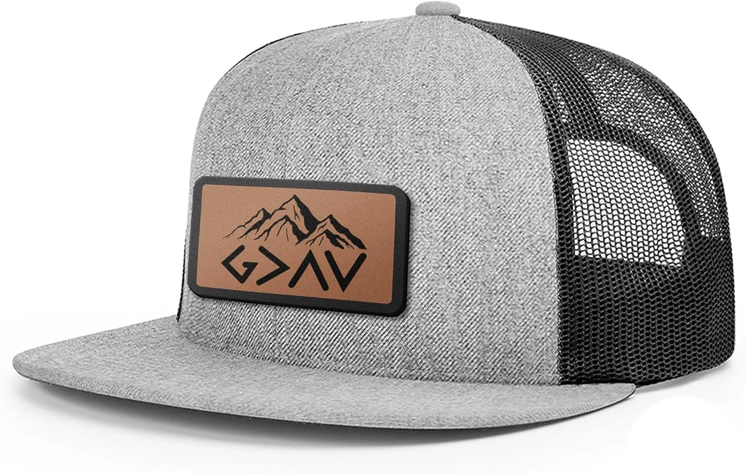 God is Greater Mountain Leather Flatbill Christian Trucker Hat - Fit Snapback Hat - Breathable Mesh Side for Casual Wear