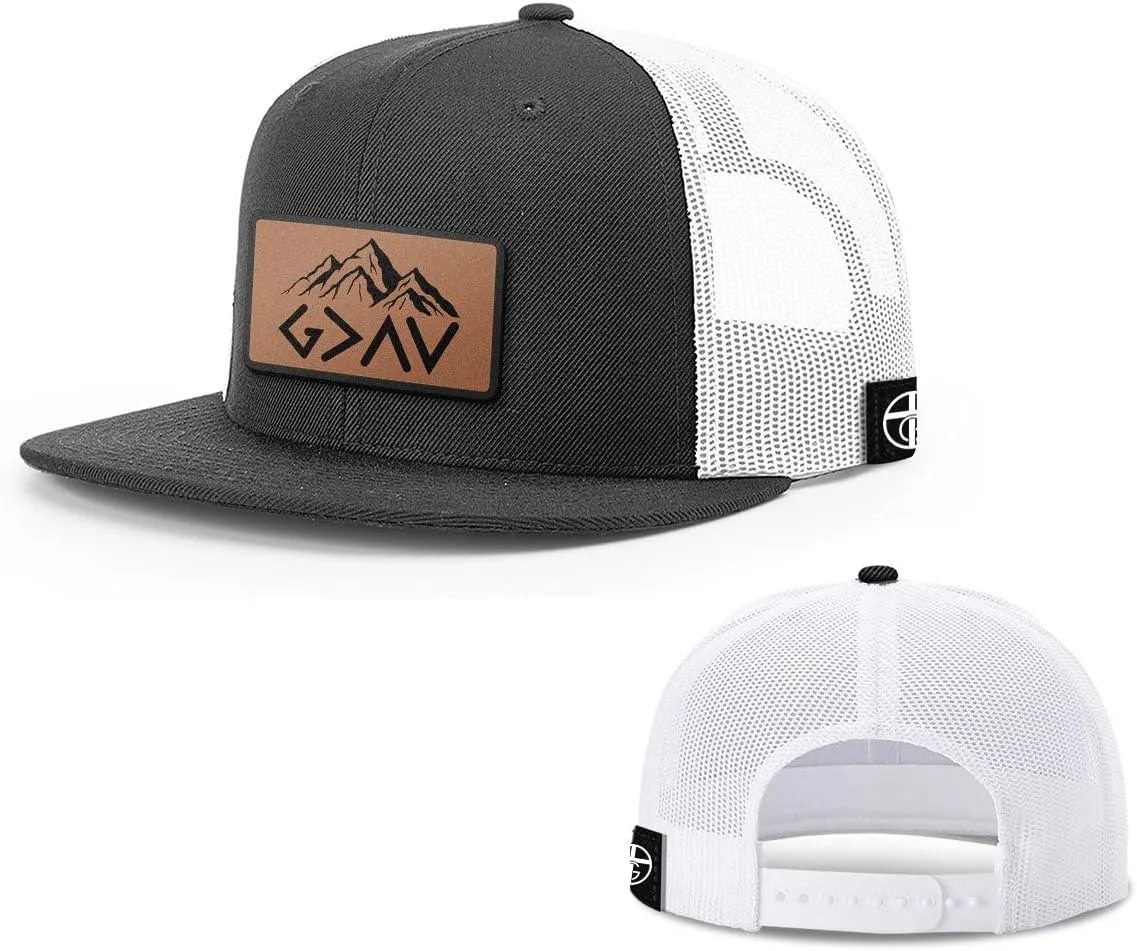 God is Greater Mountain Leather Flatbill Christian Trucker Hat - Fit Snapback Hat - Breathable Mesh Side for Casual Wear