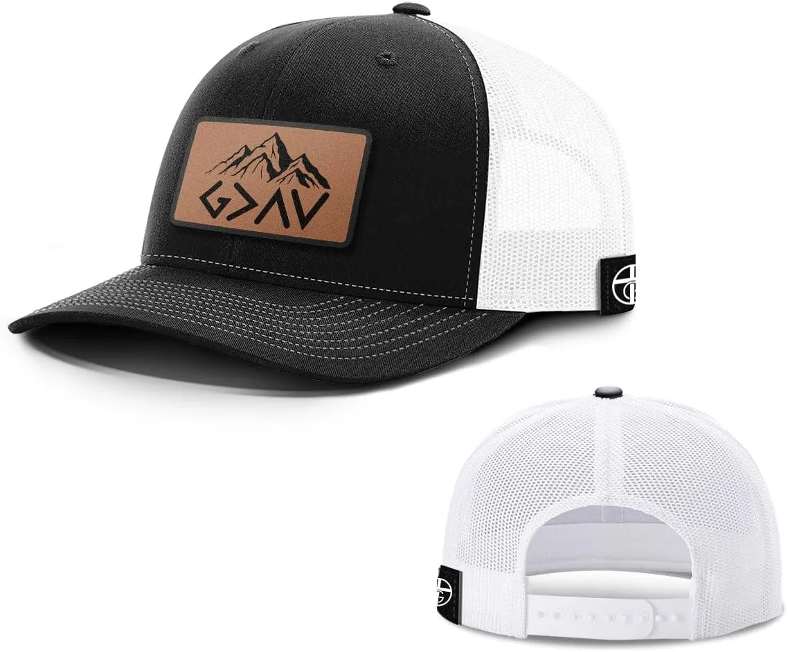 God is Greater Mountain Leather Patch Christian Trucker Hat - Fit Snapback Hat - Breathable Mesh Side for Casual Wear