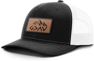 God is Greater Mountain Leather Patch Christian Trucker Hat - Fit Snapback Hat - Breathable Mesh Side for Casual Wear