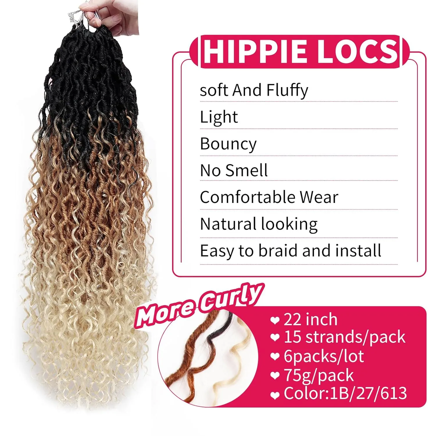 Goddess Locs Crochet Hair 22 Inch Curly Faux Locs 6 Packs Pre-looped Boho River Hippie Bohemian for Black Women (1B/27/613)