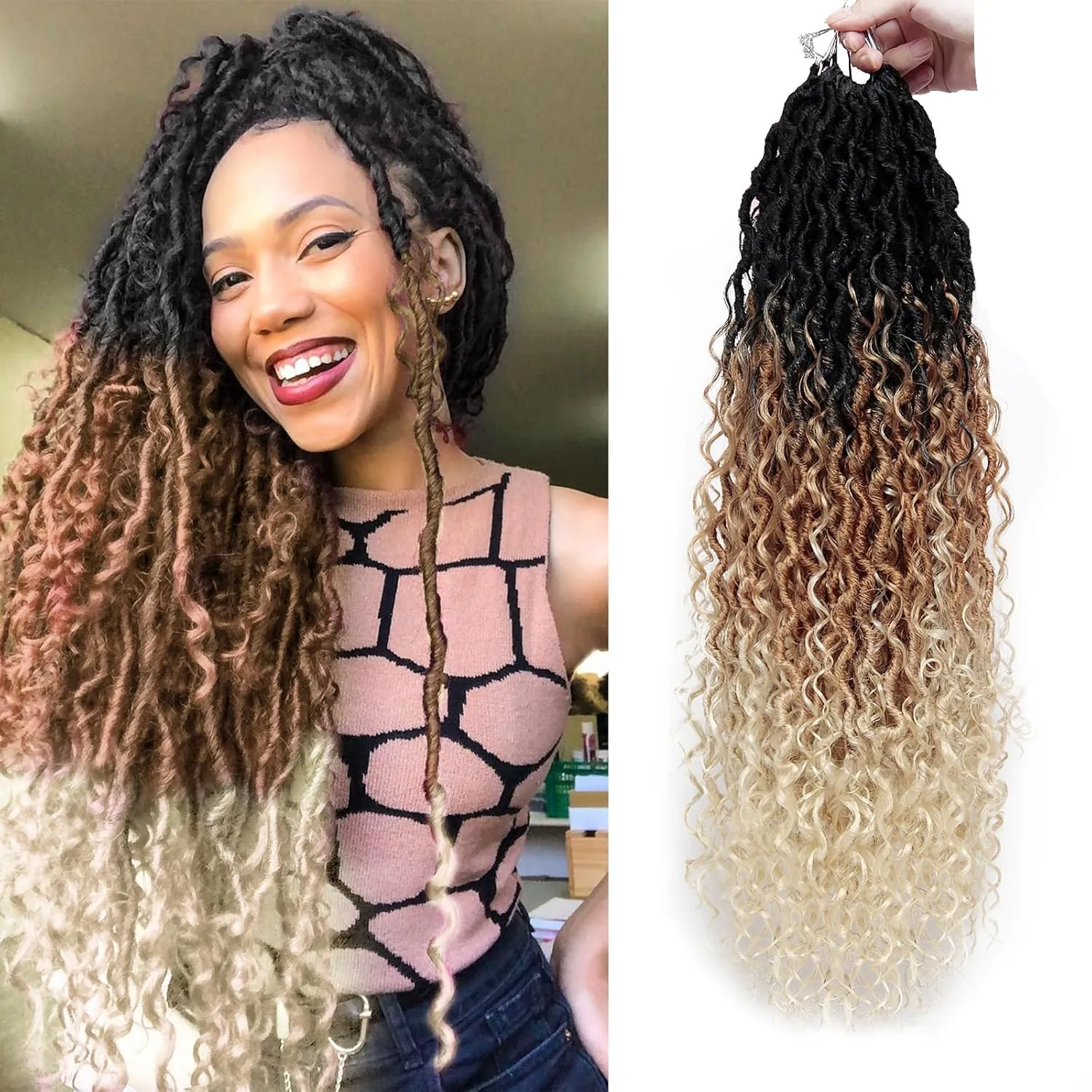 Goddess Locs Crochet Hair 22 Inch Curly Faux Locs 6 Packs Pre-looped Boho River Hippie Bohemian for Black Women (1B/27/613)