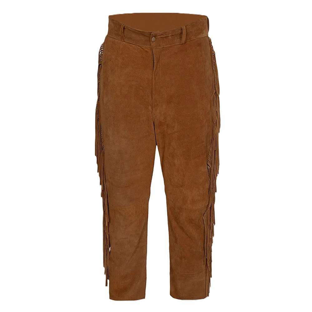 Golden Brown Suede Leather Fringe Pants For Men Western Pant MFP1132