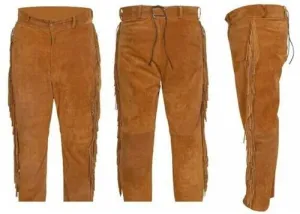 Golden Brown Suede Leather Fringe Pants For Men Western Pant MFP1132