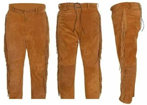 Golden Brown Suede Leather Fringe Pants For Men Western Pant MFP1132