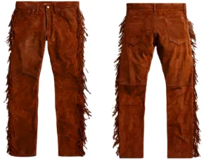Golden Brown Suede Leather Fringe Pants Jeans Style For Men Western Pant MFP1109