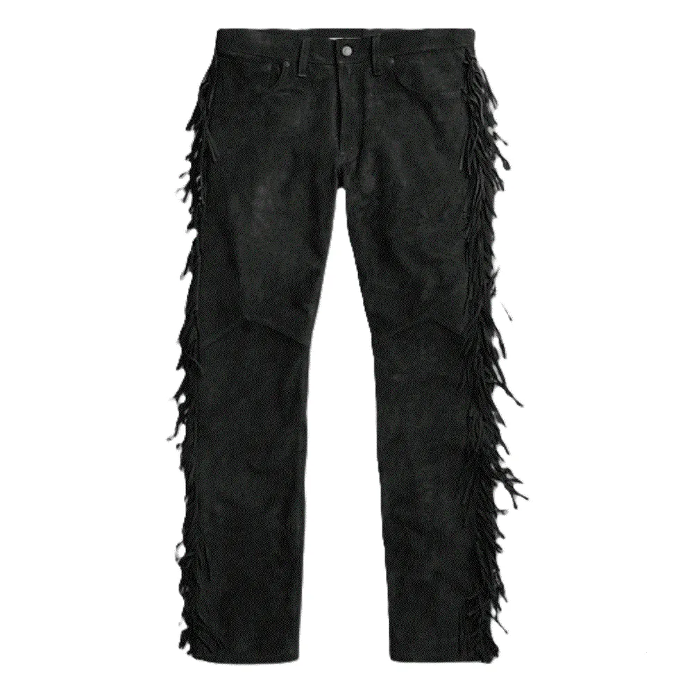 Golden Brown Suede Leather Fringe Pants Jeans Style For Men Western Pant MFP1109